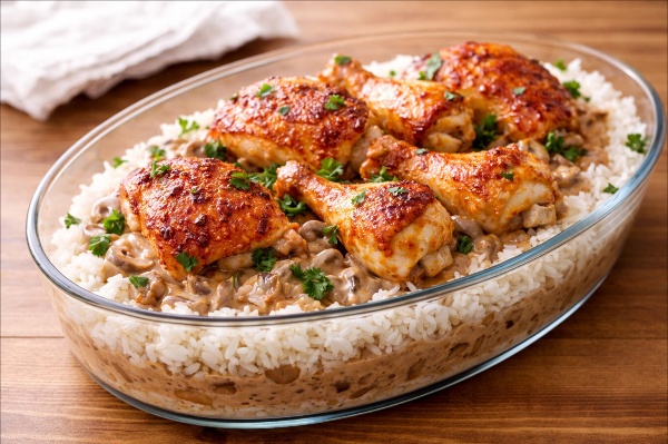 עוף בתנור עם אורז ופטריות